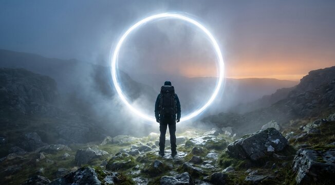 a Realistic cinematic scene of a lone backpacker standing in a vast dark wilderness, viewed from behind, facing a gigantic glowing circular portal suspended in a mysterious foggy landscape, bright