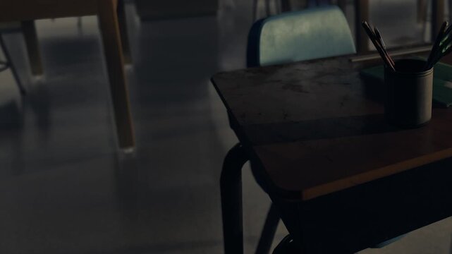 A classroom is empty and quiet in the afternoon. A wooden desk with a chair is visible. Pens and a cup are on the desk. Sunlight creates shadows on the floor.