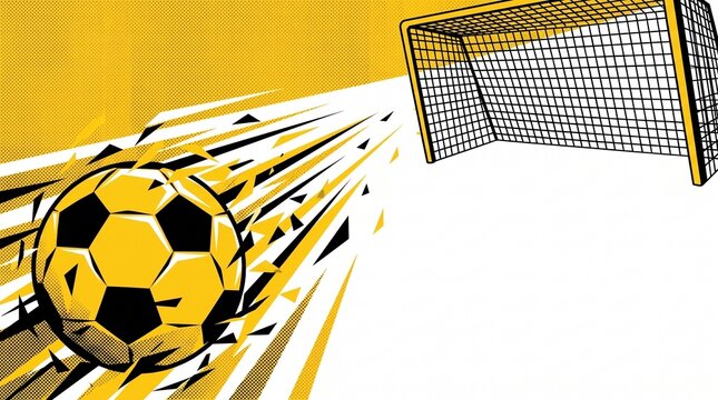 Dynamic illustration of a soccer ball flying into a goal net with speed lines