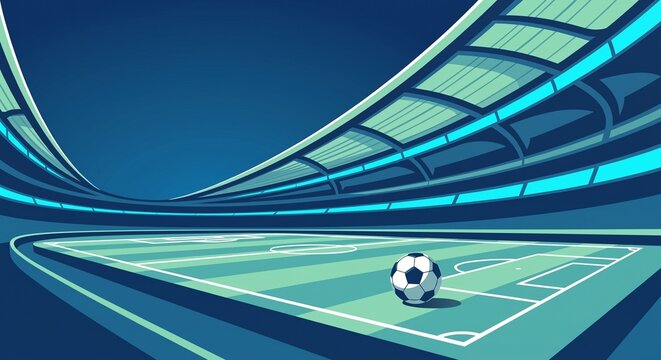 Stylized vector illustration of a modern soccer stadium at night with a ball on the pitch