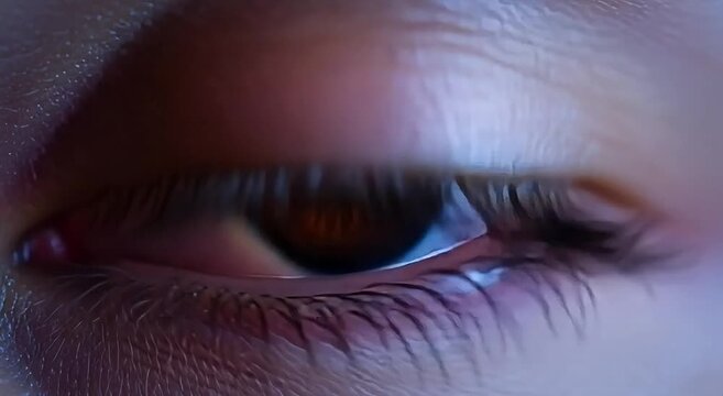 Human eye iris digital transformation macro animation showing glowing golden neural network data connection motion video footage high definition