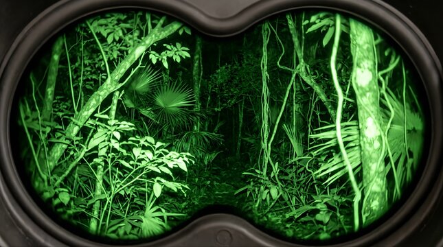 Night vision view of a dense tropical jungle looking through binoculars
