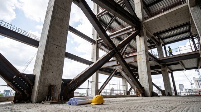 Construction site of multistory building showing heavy steel frame beam structure, concrete pillars, blueprints and yellow hardhat safety helmet on floor with worker in background