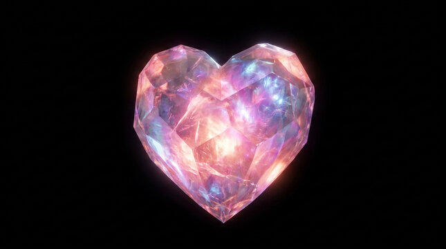 Glowing heart shaped crystal gemstone with iridescent light reflections on black background