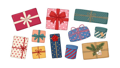 Fototapeta premium Festive holiday gift boxes vector set, featuring wrapped presents, colorful ribbons, bows, stars, hearts, pine branch decoration.
