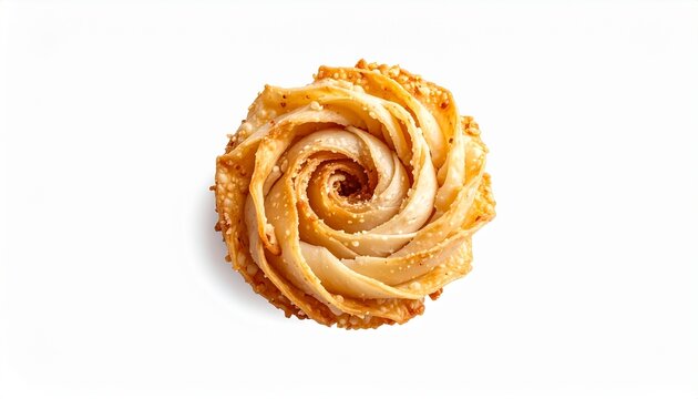Realistic close-up of crispy taro spiral, isolated on white background, simple composition.