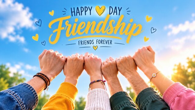 Group of friends holding hands up towards a bright blue sky with clouds and the text happy friendship day and friends forever written above