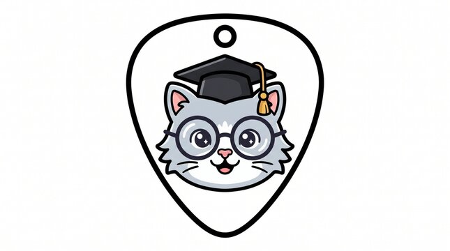 Cute cat graduate guitar pick, cartoon kitten wearing graduation cap and glasses, musical accessory with feline scholar illustration