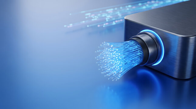 High speed fiber optic cable emitting glowing blue light threads futuristic telecommunication technology background