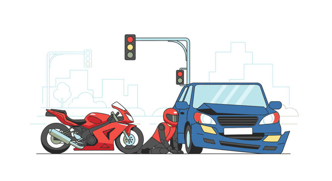 Urban crash illustration damaged car, motorcycle, injured person, highlighting paramount road safety awareness and accident prevention