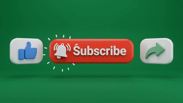 Social media interaction buttons including thumb up share and subscribe notification bell appearing as 3D animation video motion graphic