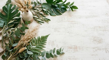 Obraz premium A lush arrangement of tropical leaves and dried pampas grass rests on a weathered white wooden table.