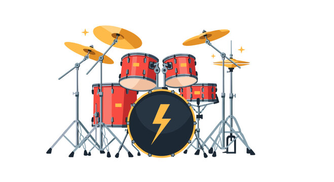Complete professional red drum kit including cymbals, snare drum, bass drum, and stands isolated on white background.
