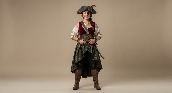 Smiling Woman Dressed in Authentic Pirate Costume Standing Against Plain Background