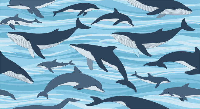 Marine life seamless pattern featuring majestic blue whales and playful dolphins swimming in ocean waves.