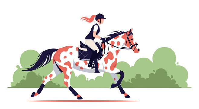Elegant female equestrian riding a beautiful spotted horse against a minimalist green landscape backdrop.