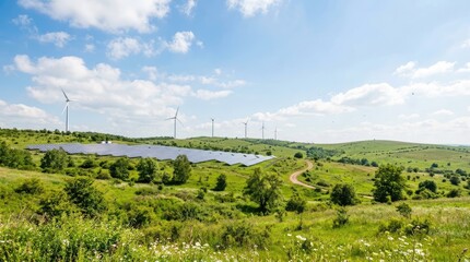 Fototapeta premium Several wind turbines and a solar panel array are situated on a green, hilly landscape under a bright blue sky with scattered clouds.