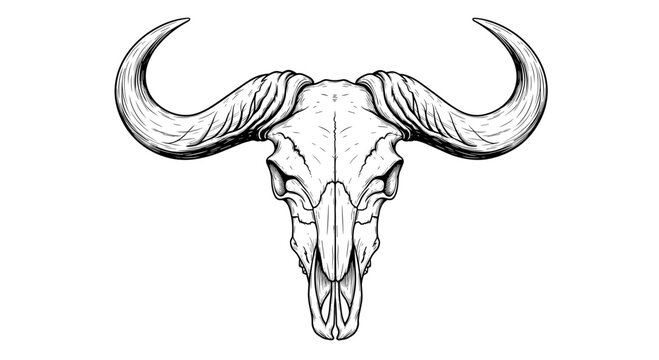 Hand drawn engraving style illustration of a wild buffalo skull with large curved horns on a white background.