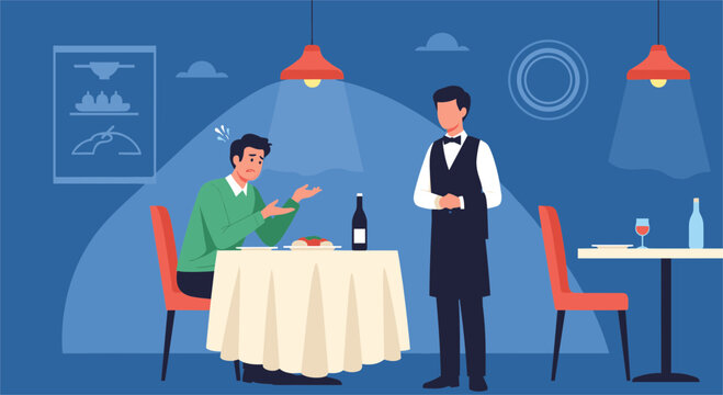 Disappointed customer complaining to a professional waiter about his food order in a modern restaurant interior.