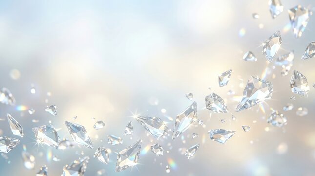 Numerous sparkling diamond fragments float and swirl in a soft, ethereal background. The diamonds appear to be breaking apart, creating a sense of fragmentation and brilliance.