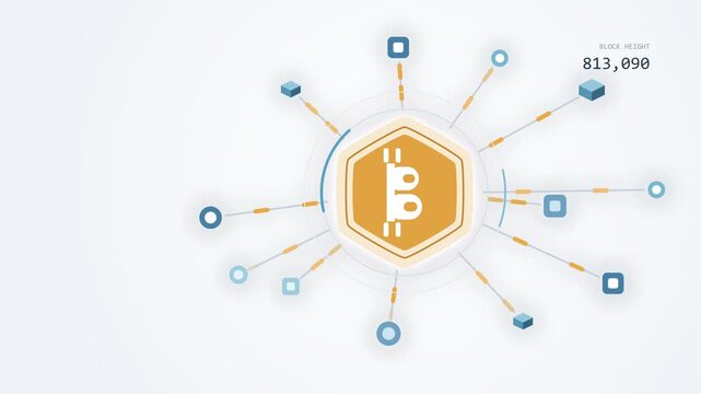Bitcoin blockchain crypto currency symbol central hub with connected nodes, digital money network and technology concept