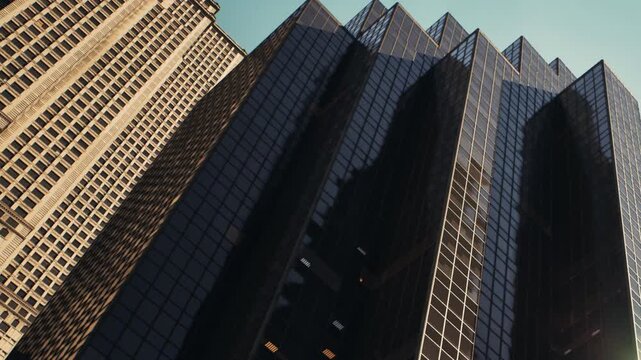Two large buildings stand next to each other during the day. Light reflects off the glass surfaces. One building features a unique shape while the other has a classic design.