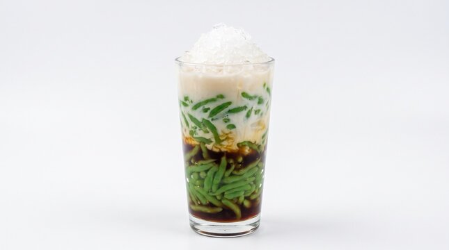 Refreshing Southeast Asian Es Cendol Dessert Drink with Green Jelly Rice Noodles and Coconut Milk
