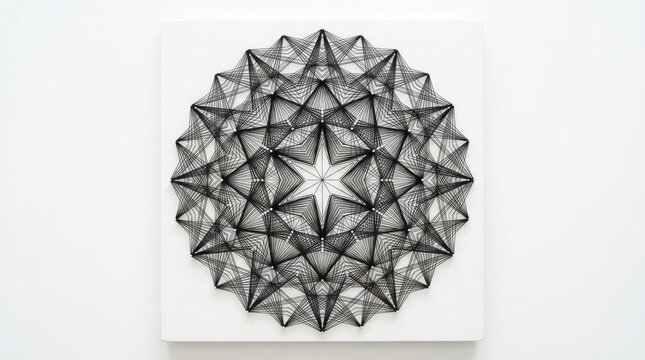 Complex black mandala circular geometric design on white canvas square with circular geometric spiritual meditation geometry intricate detailed handmade decoration ornament abstract