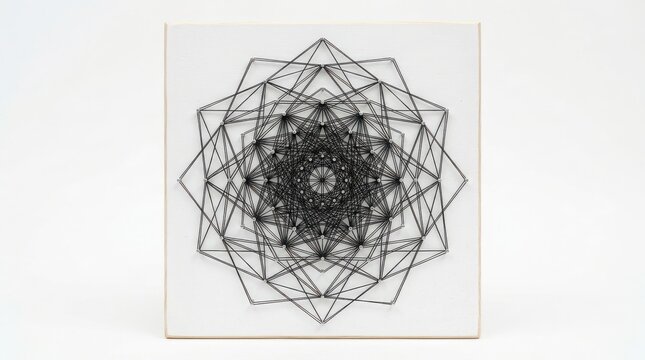 Abstract string art mandala geometric star pattern on white square board with geometric handmade creative abstract symmetry circular spiritual meditation geometry intricate detailed