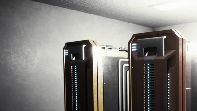 Two large computer servers stand in a server room. The room has bright lights and a gray wall. The servers have a metallic design with blue lights.