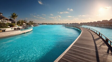 Fototapeta premium Overwater Bungalows on a Turquoise Lagoon with Wooden Walkway Under a Sunny Sky