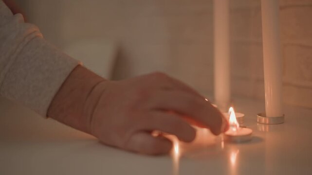 Close-up sequence showing hand striking match and lighting multiple tealight candles then placing or adjusting one candle on white tabletop; small steady flames and row of tealights produce warm