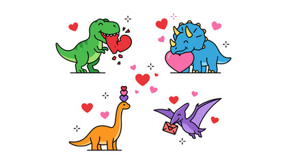 Cute Valentine Dinosaur Vector Set with T-Rex Triceratops Brachiosaurus and Pterodactyl Holding Hearts for Romantic Holiday Greeting Cards and Kids Decals © Moner