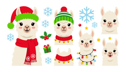 Fototapeta premium Cute Christmas Llama and Alpaca Vector Avatar Set with Santa Hats Scarves Winter Snowflakes and Holiday String Lights for Festive Greeting Card Designs