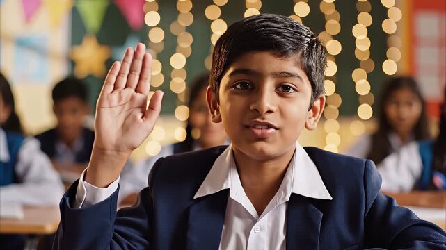 Indian school boy eagerly raising hand to answer question in classroom