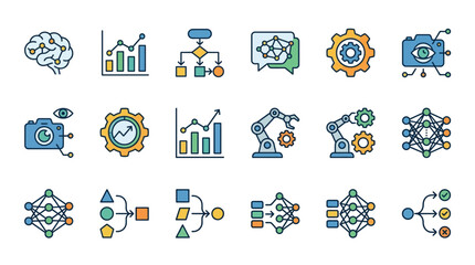 Fototapeta premium Industrial Machine Learning and AI Concepts Illustrated with Colorful Icons and Diagrams with high quality professional line art symbols for modern creative design and digital branding projects