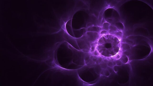 Extreme macro ultraviolet energy bloom twists into delicate fractal structures from darkness, with an intense violet core fading into black, creating a sophisticated futuristic cinematic background