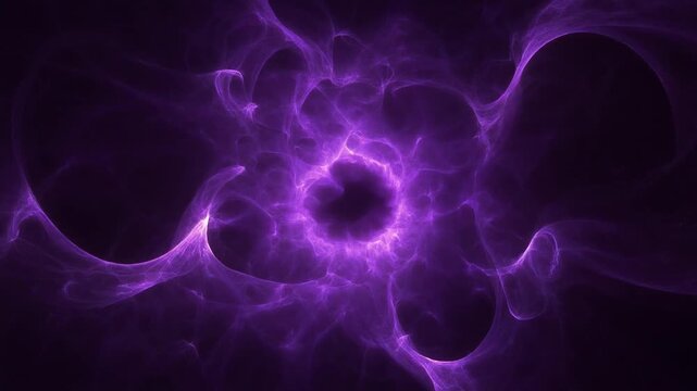 Extreme macro ultraviolet energy bloom twists into delicate fractal structures from darkness, with an intense violet core fading into black, creating a sophisticated futuristic cinematic background