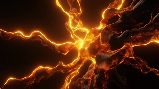 Extreme macro luminous molten amber energy flows through darkness with thick glowing filaments and a warm radiant core, creating a luxurious cinematic background with generous negative copy space.
