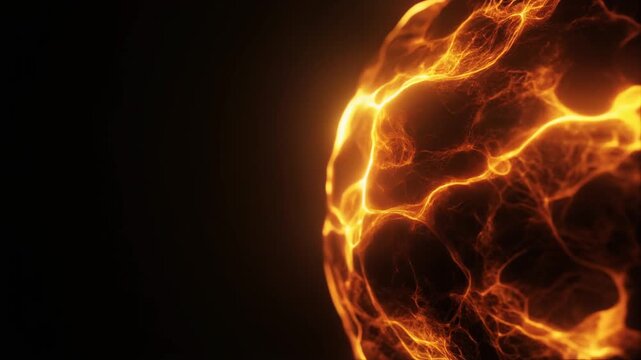 Extreme macro luminous molten amber energy flows through darkness with thick glowing filaments and a warm radiant core, creating a luxurious cinematic background with generous negative copy space.