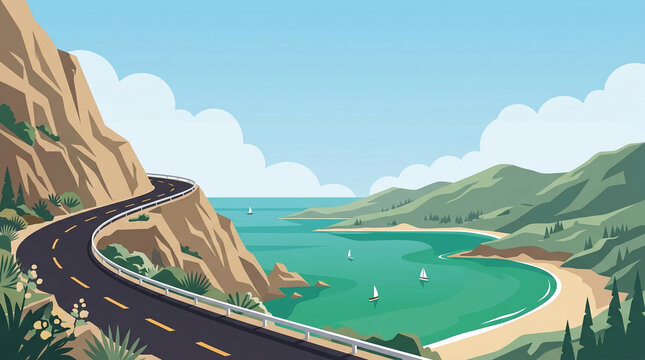 Aesthetic modern coastal cliff road with turquoise bay ocean view and green hills vector landscape