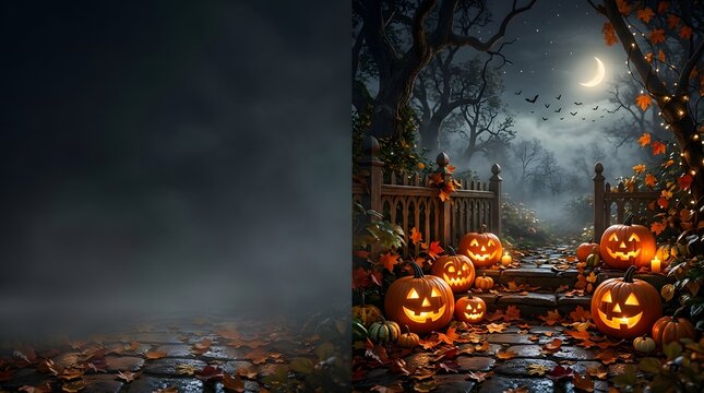 Spooky halloween night scene with glowing jack o lanterns and a full moon in a dark forest