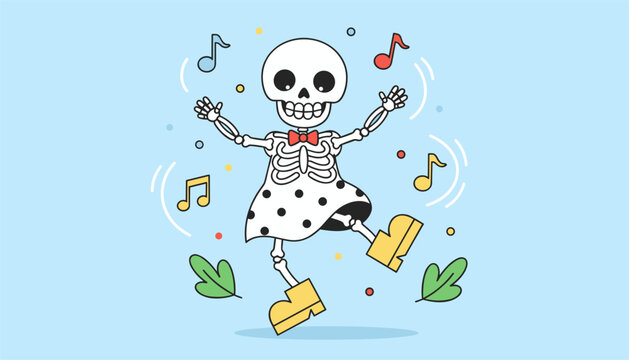 Whimsical cartoon skeleton in a polka dot dress and yellow boots dancing happily surrounded by colorful music notes.