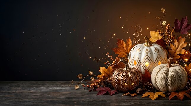 Autumn harvest display with pumpkins gourds and falling leaves in warm lighting