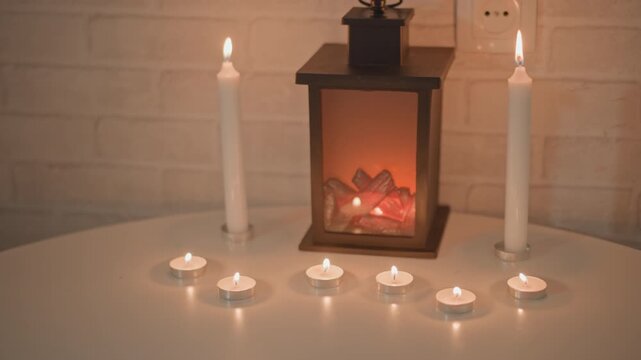 Close-up tabletop arrangement with glowing lantern, upright taper candles, tealights, warm reflections, soft shadows, and rustic brick backdrop, creating calm cozy evening mood, with candle, lantern