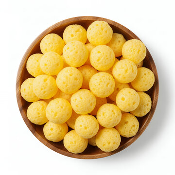 A top-down, flat-lay view of a wooden bowl overflowing with spherical cheese balls puffed corn balls, isolated against a solid white background.