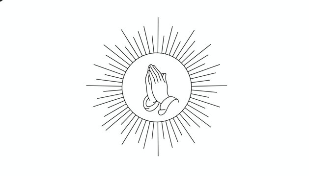 Detailed black and white line art illustration of praying hands inside a circular sunburst with shining rays of light.