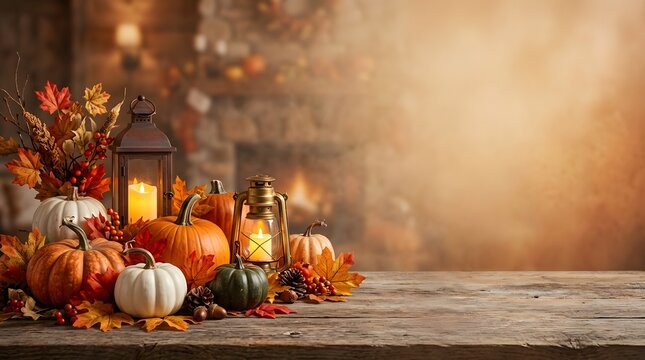 Abundant autumn harvest still life with pumpkins gourds and warm lighting