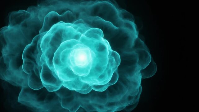 Extreme macro luminous turquoise plasma cloud rolls and expands like a microscopic storm, with glowing filaments around a bright core, creating a premium cinematic background with generous copy space.
