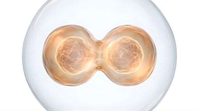 Biological cell division process showing mitosis in a microscopic view